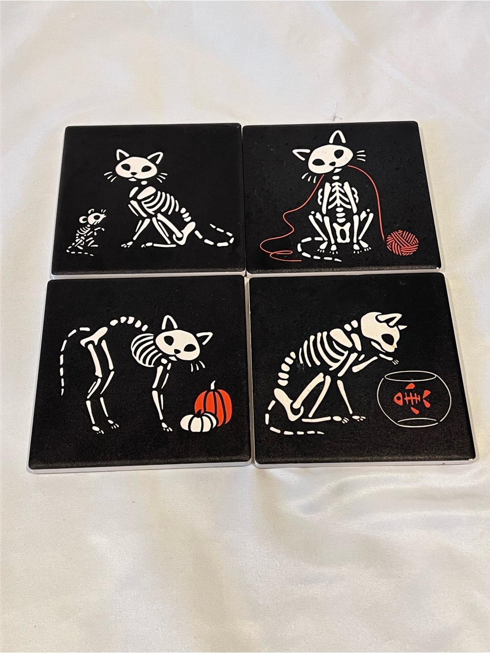 Halloween Skeleton Cat Coasters Set of 4 Black Ceramic Cork Back